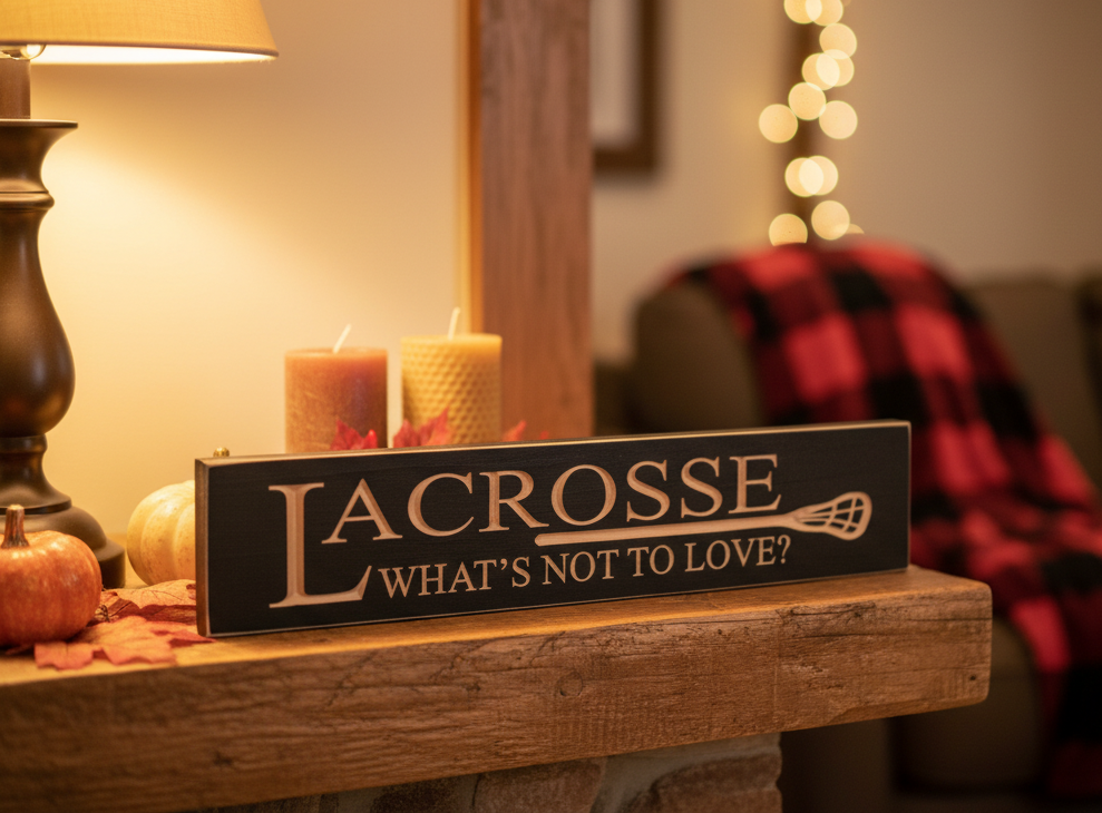 Lacrosse Sign: Wood, Black, Coach Gift, Player Room Decor