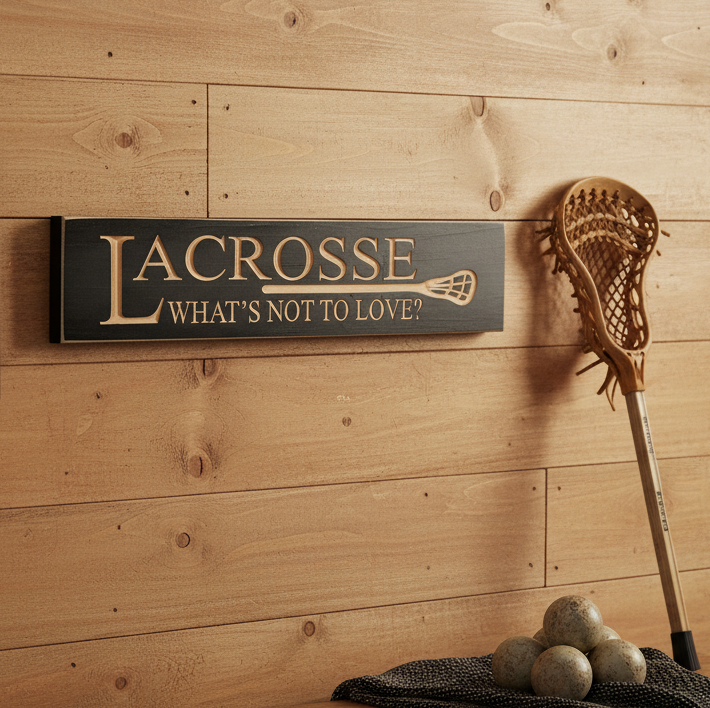 Lacrosse Sign: Wood, Black, Coach Gift, Player Room Decor