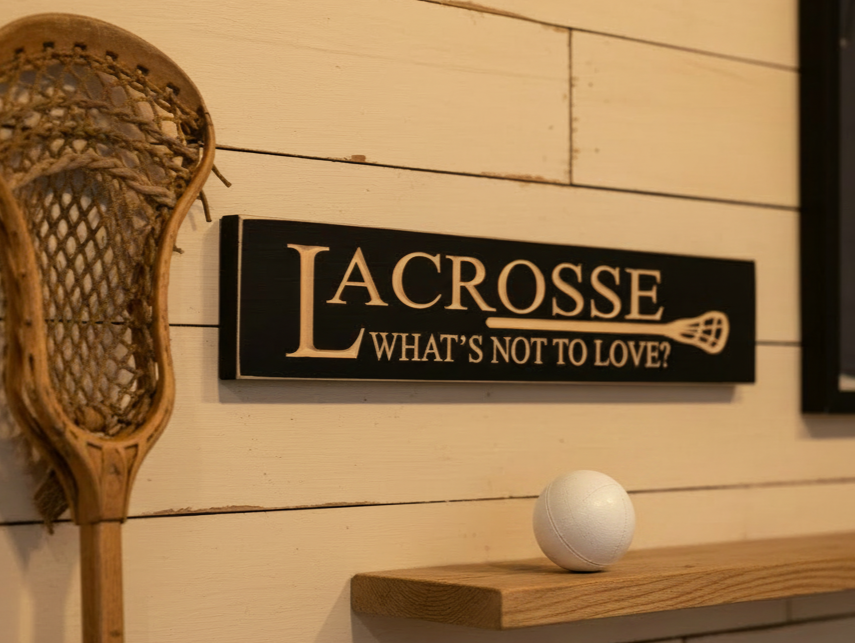 Wood sign with carved text "Lacrosse What's not to love?"  and a lacroose stick set in a room with lacrosse decor 