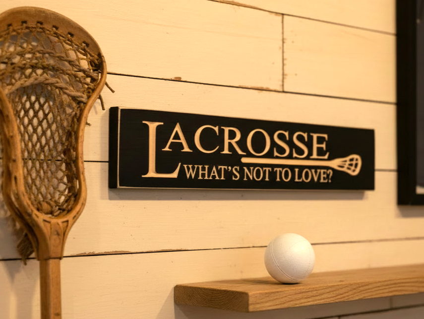 Lacrosse Sign: Wood, Black, Coach Gift, Player Room Decor