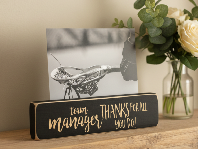 A rectangular black wooden sign with lasered lettering that reads 'team manager THANKS FOR ALL YOU DO!' displayed on a wooden surface, holding a black-and-white photo of a lacrosse head. A glass vase with white roses and greenery sits in the background against a beige wall.