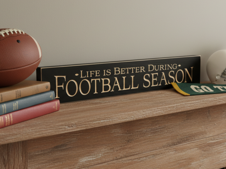 Black wooden sign with carved lettering "Life is better during FOOTBALL SEASON".  This is set on a table with other football decor.