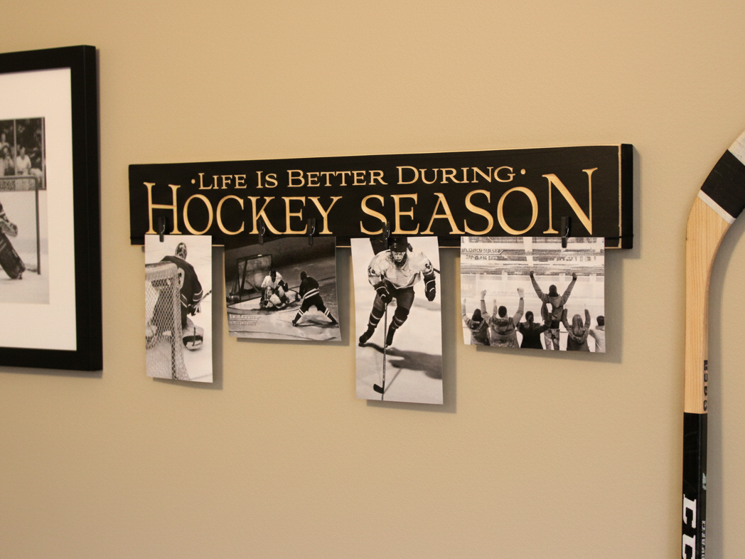 A black wooden hockey-themed wall sign with engraved lettering that reads 'LIFE IS BETTER DURING HOCKEY SEASON,' mounted on a beige wall. Four small black-and-white hockey photos are clipped and hung below the sign, and part of a framed photo and a hockey stick are visible at the edges.