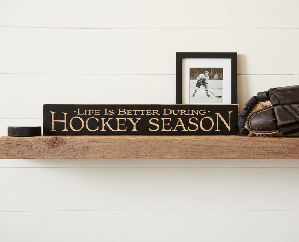 A rustic wooden shelf display featuring a black sign with engraved lettering that reads 'LIFE IS BETTER DURING HOCKEY SEASON,' a small black hockey puck, a framed black-and-white hockey photo, and a brown leather hockey glove against a white shiplap wall.