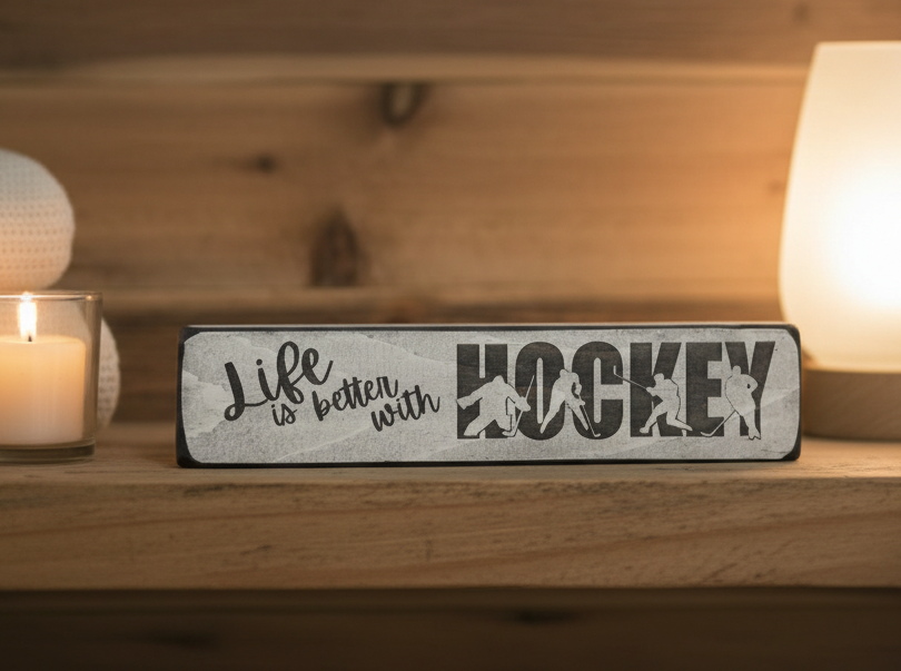 A rectangular decorative sign with a weathered light gray wood-grain finish and black lettering that reads 'Life is better with HOCKEY' and includes hockey player silhouettes. The sign is displayed on a wooden shelf in a cozy room setting with a lit candle on the left and a glowing lamp on the right.