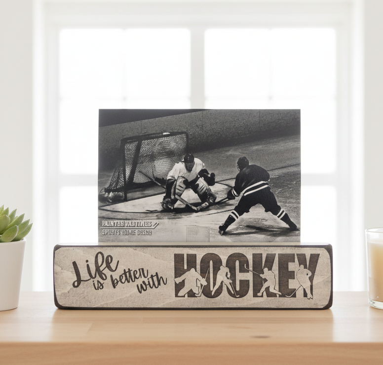 A decorative wooden hockey sign on a tabletop with a black-and-white hockey photo leaning on top. The sign reads “Life is better with HOCKEY” and includes small player silhouettes.