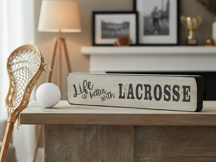 A rectangular wooden sign with the phrase 'Life is better with LACROSSE' in black script and block lettering, styled on a wooden table next to a lacrosse stick and a white lacrosse ball in a warm, softly lit room.