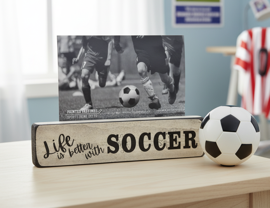 A decorative wooden sign on a light wood table reads 'Life is better with SOCCER' in black script and block letters. Behind it stands a black-and-white photo print of soccer players, and a small soccer ball sits to the right.