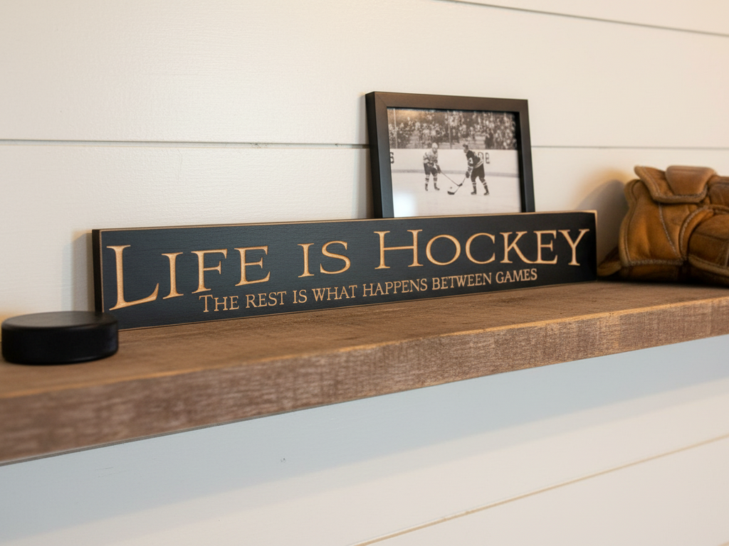 A dark wood hockey-themed shelf sign reading 'LIFE IS HOCKEY' with the subtitle 'THE REST IS WHAT HAPPENS BETWEEN GAMES', styled on a wooden shelf with a hockey puck, framed black-and-white photo, and brown glove against a white shiplap wall.