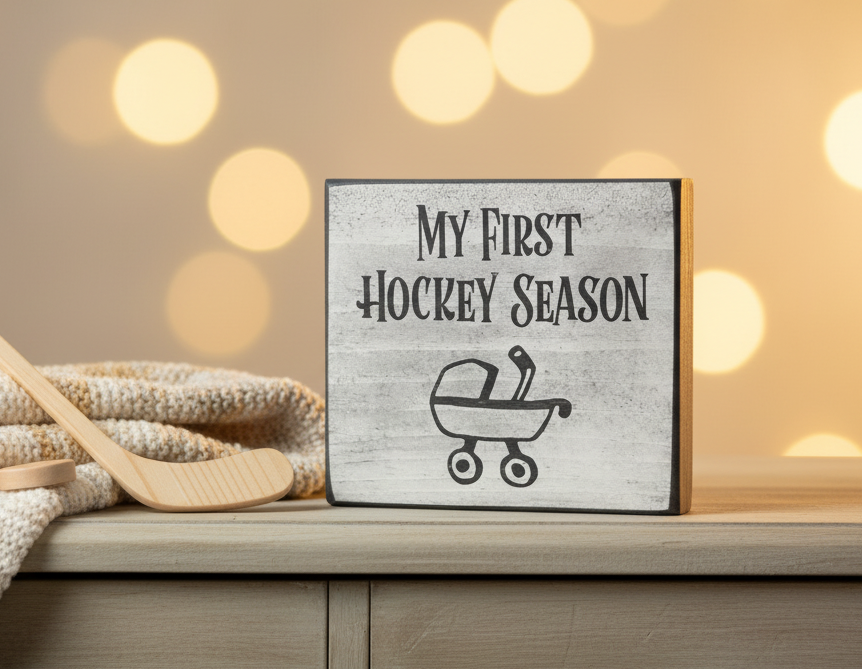 A square wooden sign with a distressed white finish and black text reading 'MY FIRST HOCKEY SEASON' above a baby stroller graphic, styled on a wooden surface with a knit blanket and hockey pucks against a warm bokeh background.