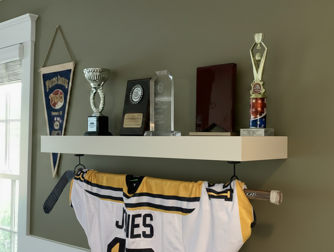 Hockey Puck Display Trophy Shelf: 8" Wide Floating Shelf, Memorabilia, Hockey Player Room Decor