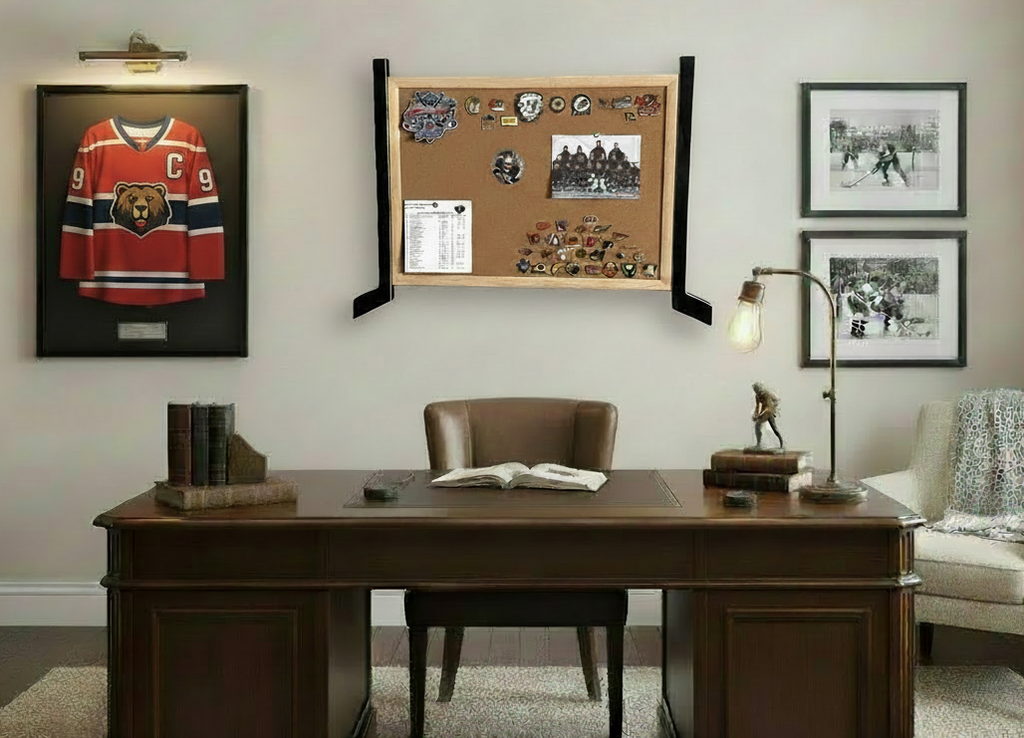 hockey bulletin pin board with black hockey sticks