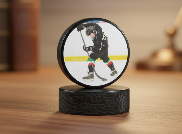 A custom hockey photo puck on another puck creating a stand. Custom photo of a hockey player on ice on displayed puck. The set is displayed on a wooden tabletop with a warm, blurred background.