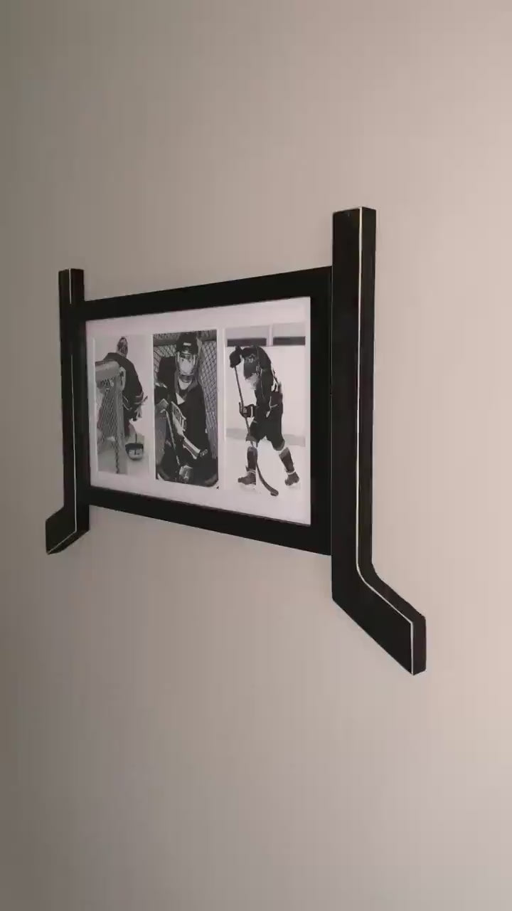 Hockey Stick Matted Photo Frame: Triple 5x7, Personalize by Team Signing the Mat, Hockey Coach Gift, Hockey Wall Decor, Black