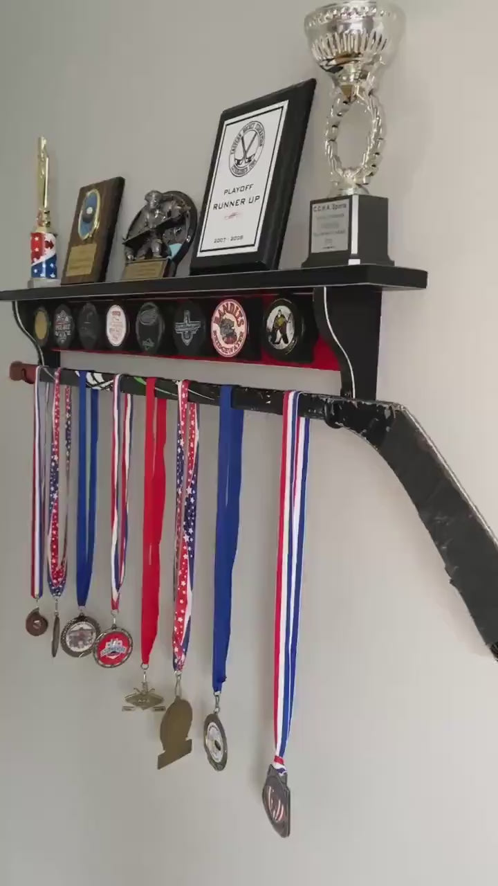 Hockey Puck Display Shelf with Hockey Laces: Trophy & Ribbon Organizer