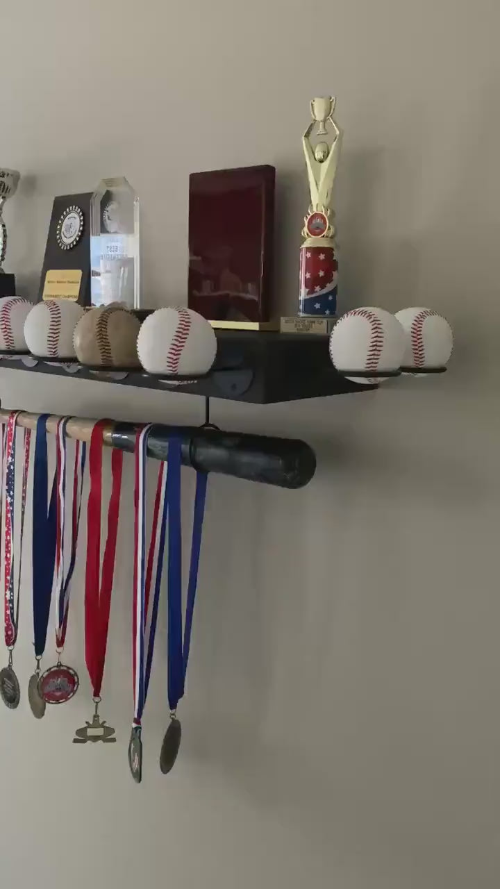 Baseball Trophy Display Shelf with Bat and Medal Holder, Ball Display Rack for Memorabilia, Awards, Trophies and Signed Baseballs