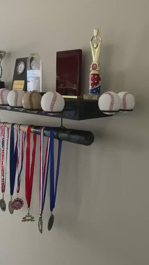 Baseball Trophy Display Shelf with Bat and Medal Holder, Ball Display Rack for Memorabilia, Awards, Trophies and Signed Baseballs