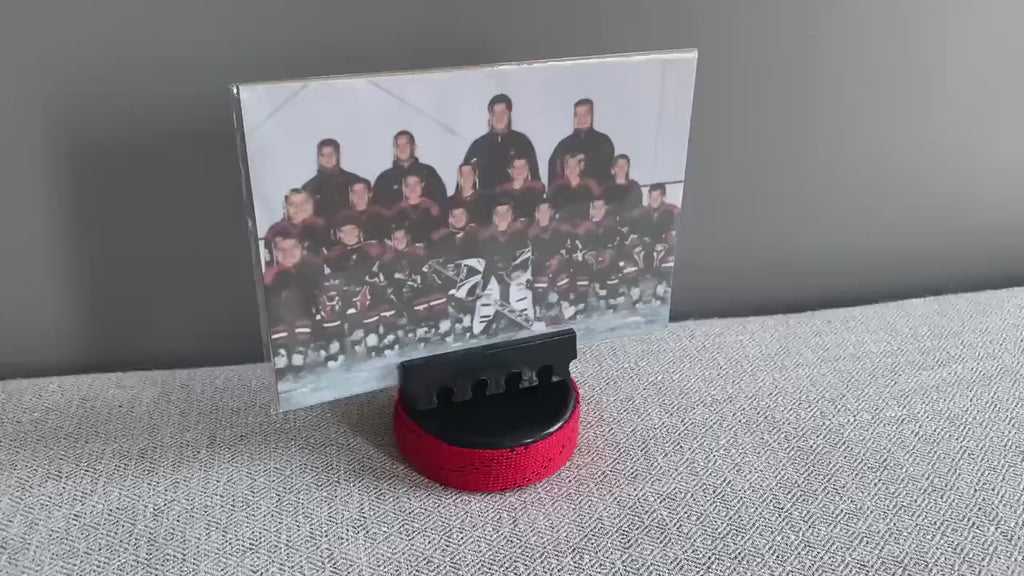 Hockey Puck Photo Holder: Wrapped in Hockey Laces, Team Colors, Frame