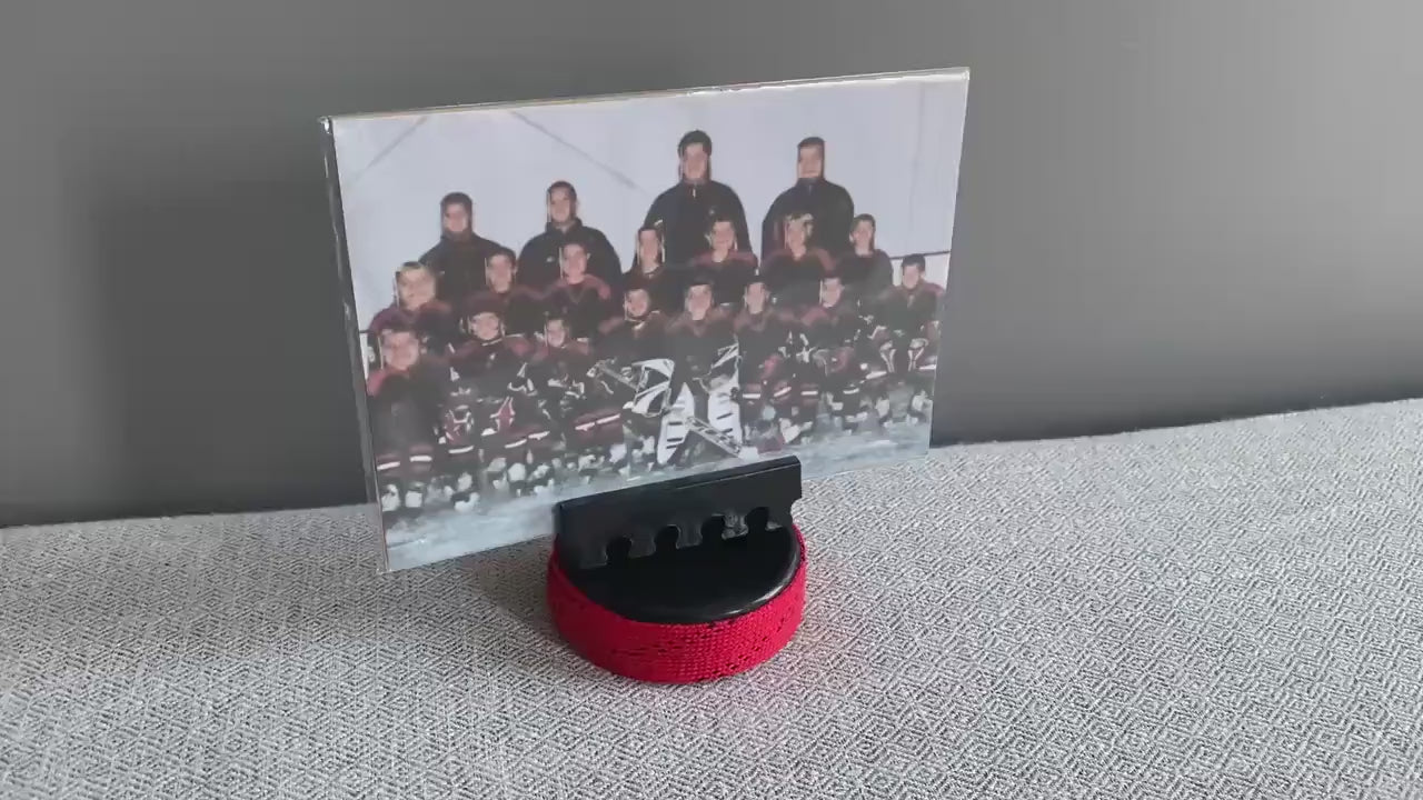 Hockey Puck Photo Holder: Wrapped in Hockey Laces, Team Colors, Frame