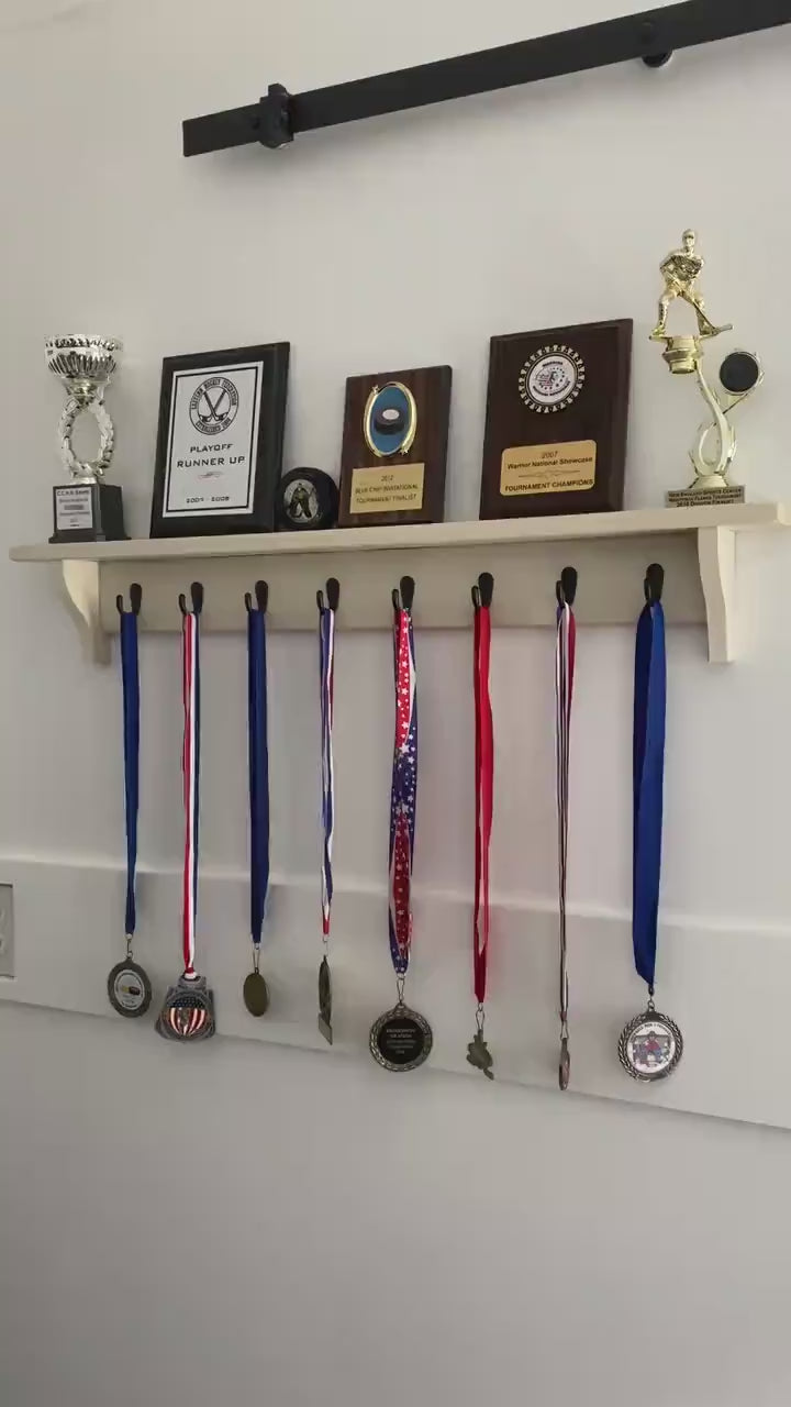 Sports Trophy Shelf: Hockey, Baseball, Soccer, Lacrosse, Football, Basketball