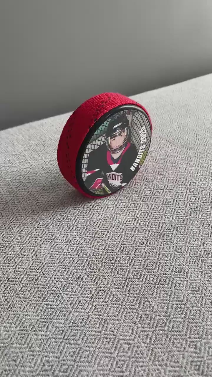 Personalized Hockey Photo Puck with Hockey Laces: Custom Hockey Gift