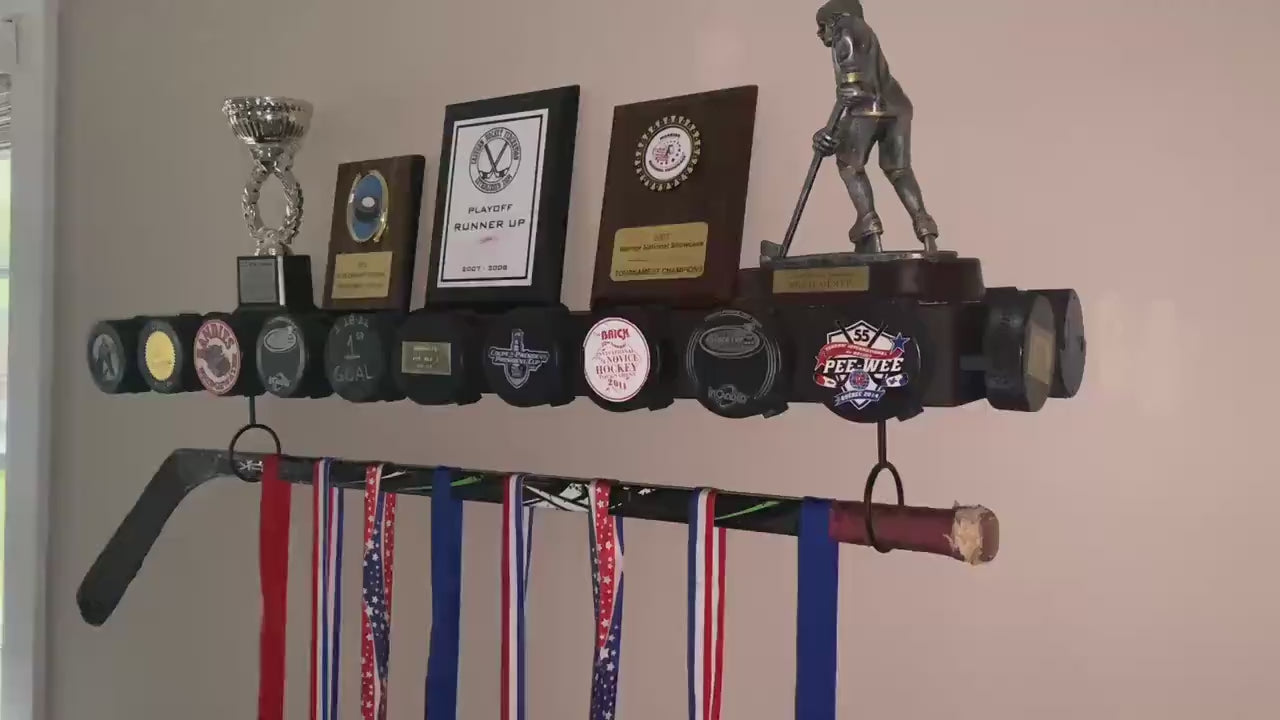 Hockey Puck Display Trophy Shelf: 8" Wide Floating Shelf, Memorabilia, Hockey Player Room Decor