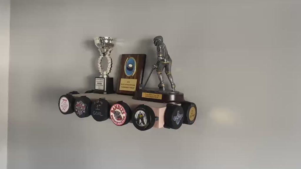 Hockey Puck Display Trophy Shelf: Memorabilia, 8" Wide Floating Shelf, Hockey Player Room Decor