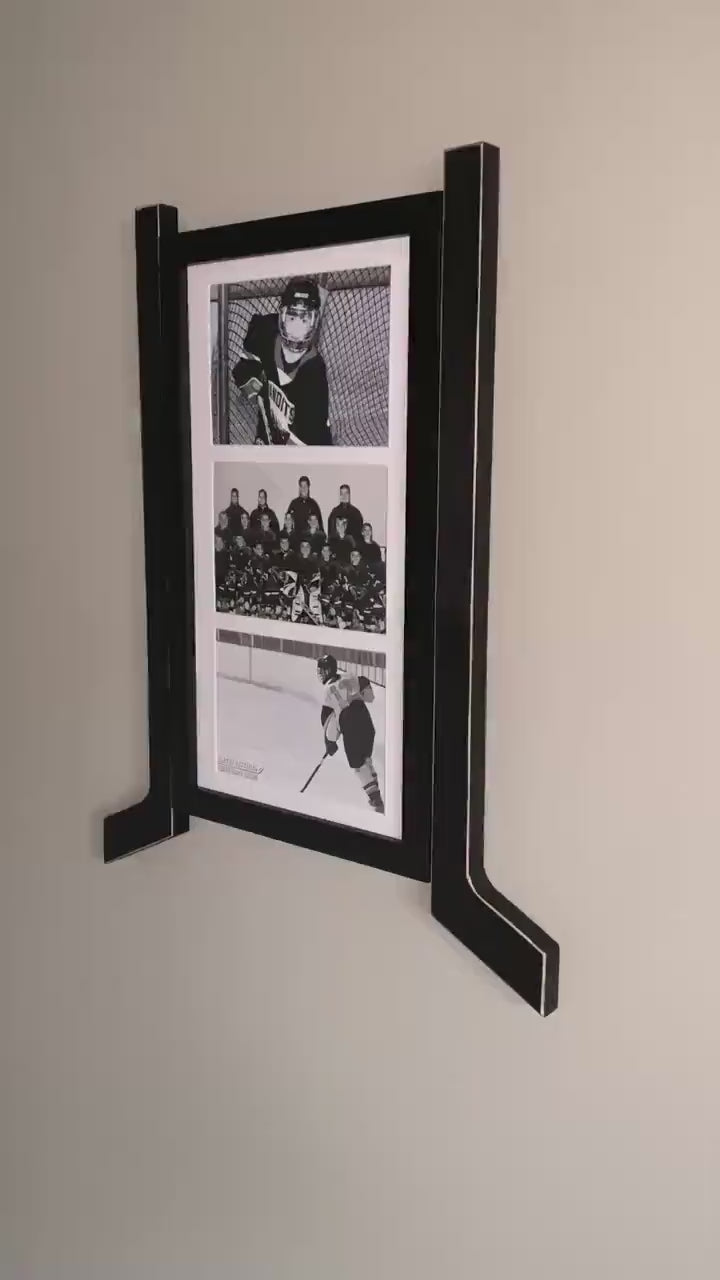 Hockey Stick Matted Photo Frame: Triple 5x7, Personalize by Team Signing the Mat, Hockey Coach Gift, Hockey Wall Decor, Black