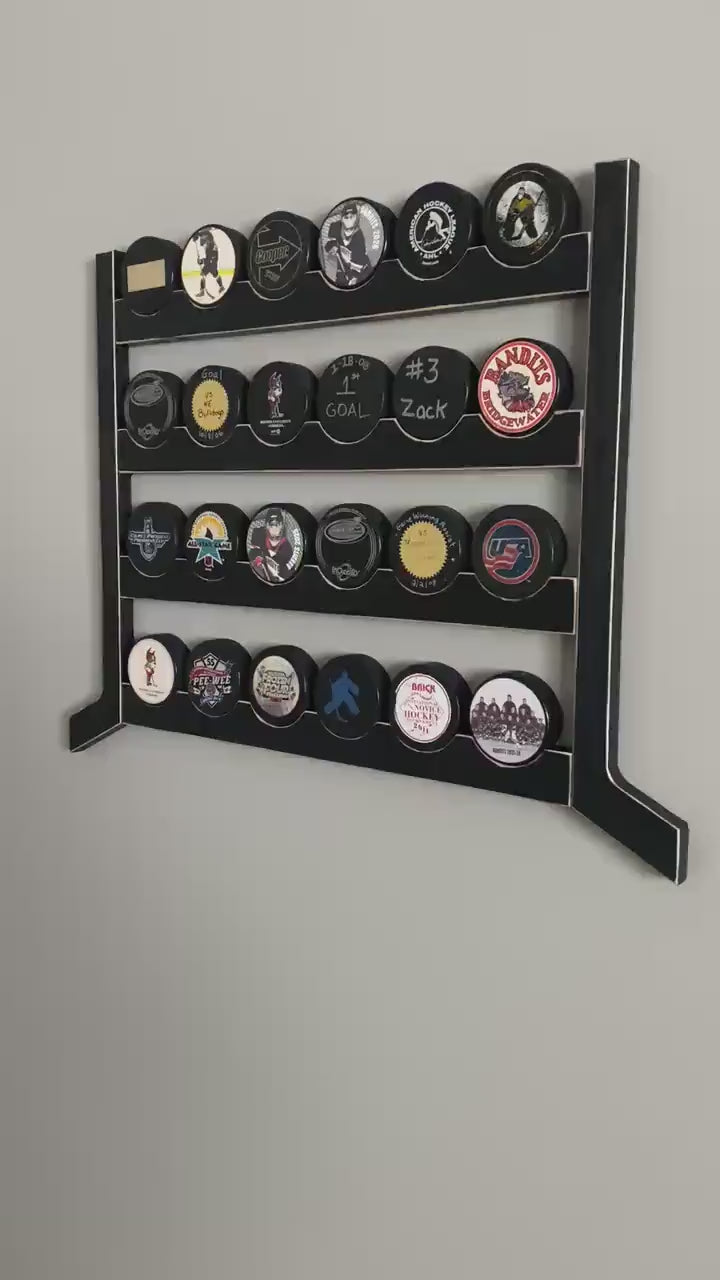 Hockey Puck Display: Holds 24 Pucks with Hockey Sticks, Black