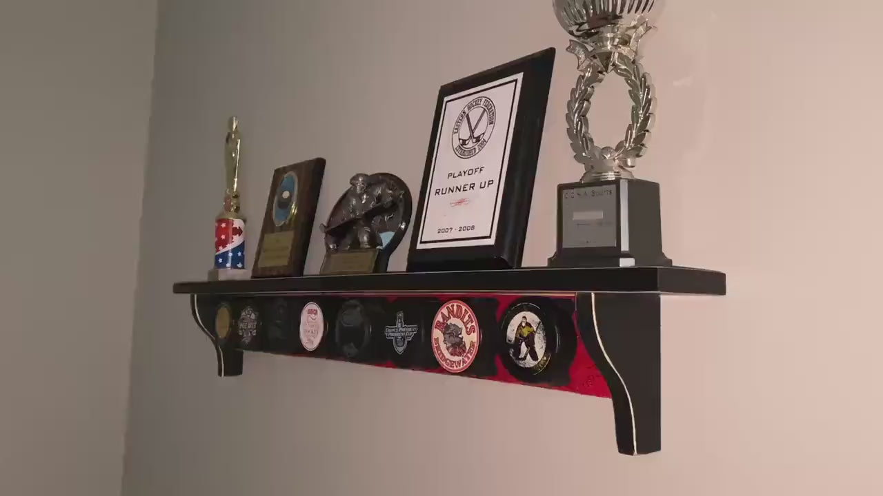 Hockey Puck Display Shelf with Hockey Laces: Trophy & Ribbon Organizer