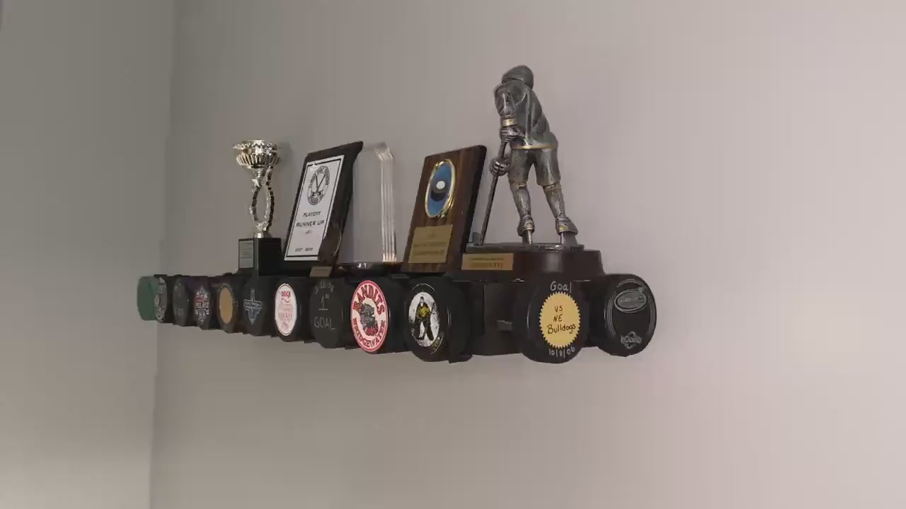 Hockey Puck Display Trophy Shelf: Memorabilia, 8" Wide Shelf, Hockey Player Room Decor