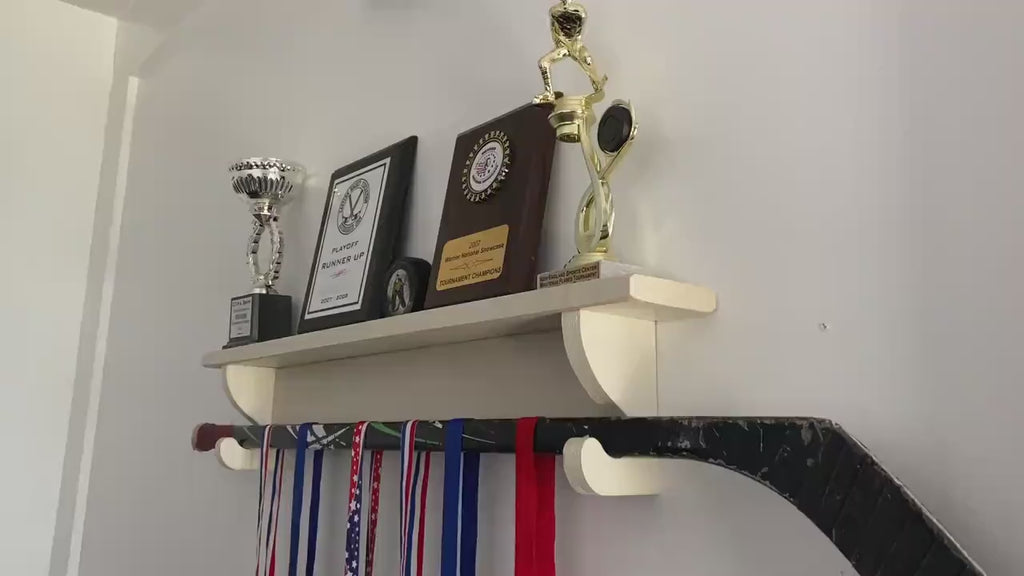 Hockey Trophy Shelf: Sports Awards Display with Medal Hooks