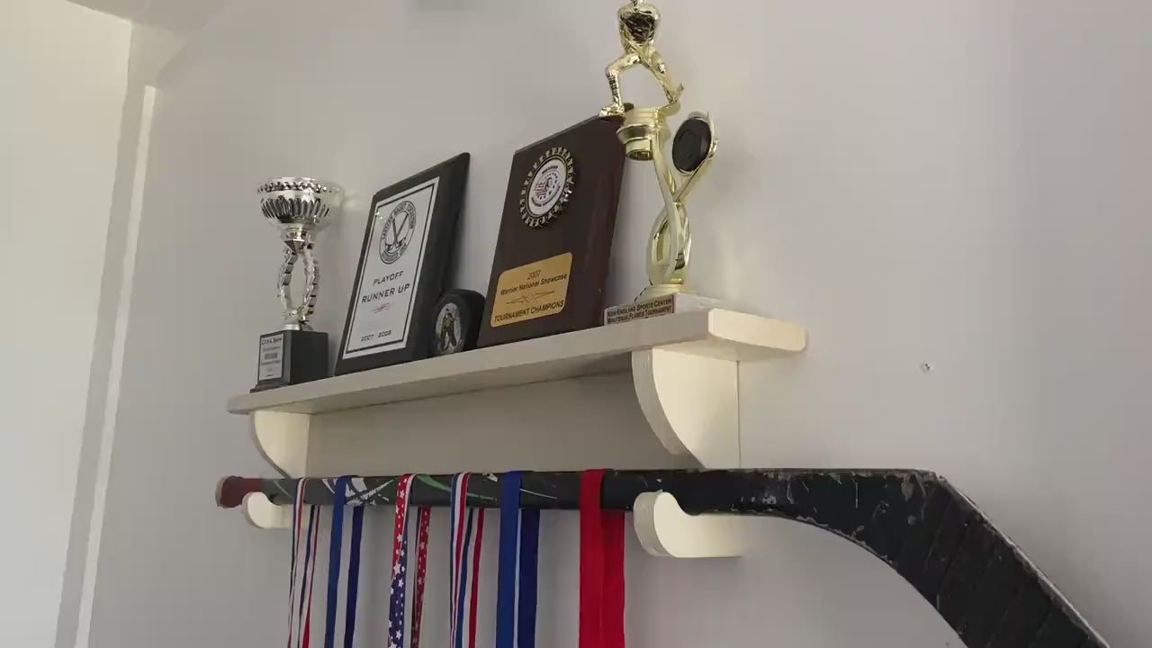 Hockey Trophy Shelf: Sports Awards Display with Medal Hooks