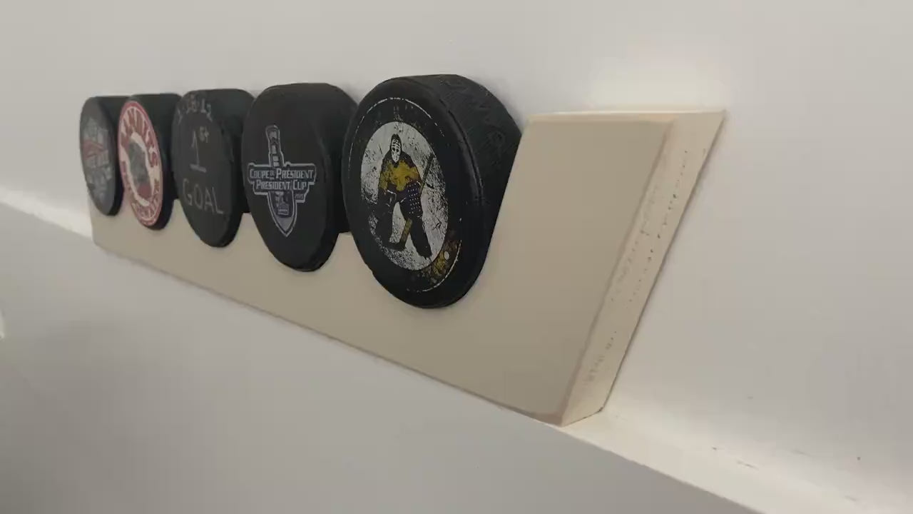 Hockey Puck Display: Wood Hockey Stick, Holds 5 Pucks