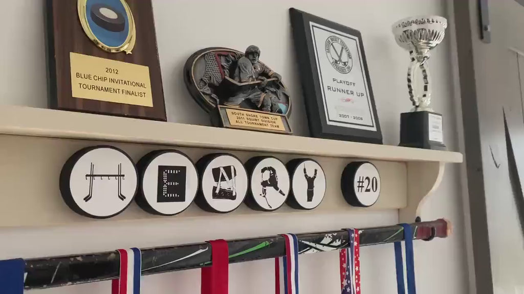 Personalized Hockey Puck Display Shelf: Custom Name, Trophy & Ribbon Organizer