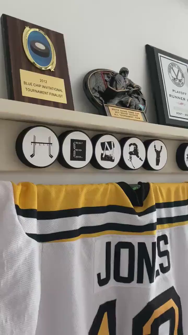 Personalized Hockey Puck Shelf, Custom Name, Trophy & Ribbon Organizer