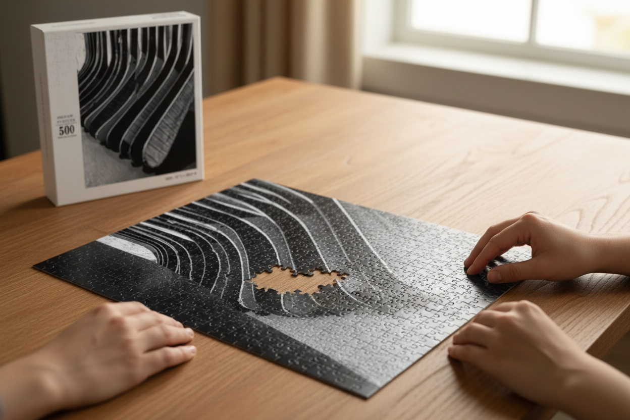 A person's hands are assembling a black and white abstract wave-pattern jigsaw puzzle on a wooden table, with the puzzle box standing in the background.