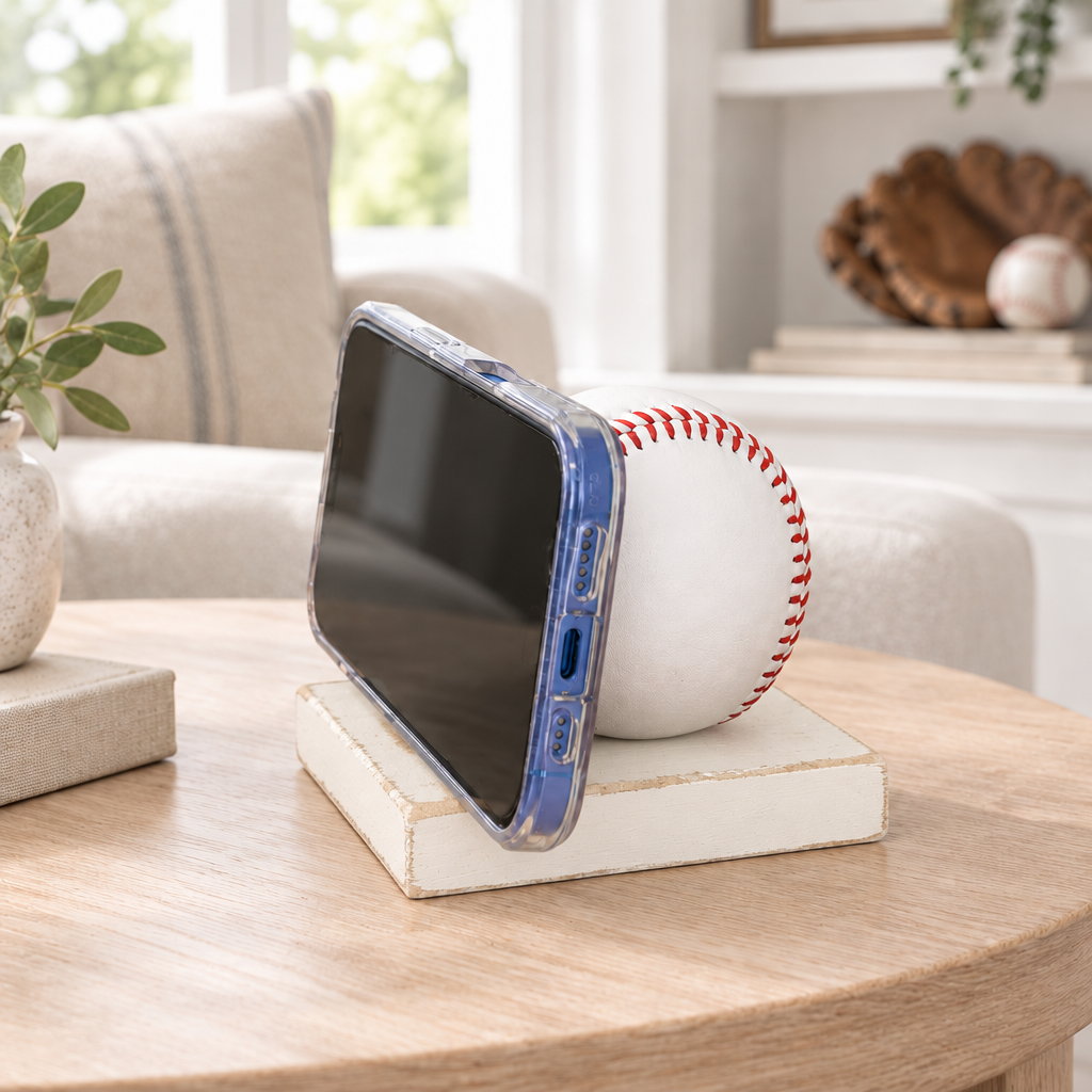 A clear phone case with a blue bumper edge holds a smartphone upright on a small white block, styled beside a baseball on a wooden table in a bright living room setting.