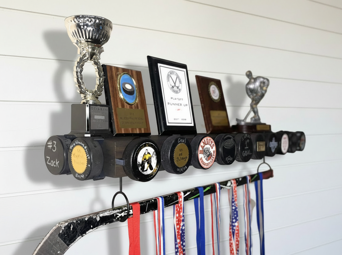 A black wooden hockey trophy shelf mounted on a white shiplap wall, holding several framed awards and plaques and trophies.  The edges are holding special hockey pucks and several colored ribbons hanging below from a hockey stick.