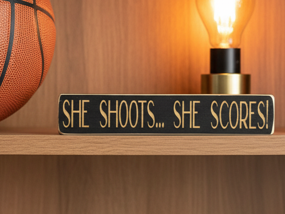 A rectangular black wooden sign with gold lettering that reads 'SHE SHOOTS.