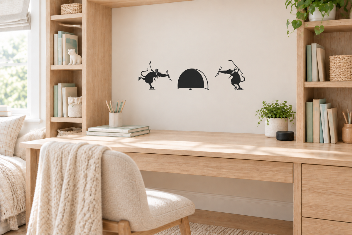 A decal of two mice playing hockey and shooting the puck at a mouse hole instead of a net.  This is placed on the wall just above a desk in a kid's bedroom.  It's a very light and airy bedroom with hockey decor.
