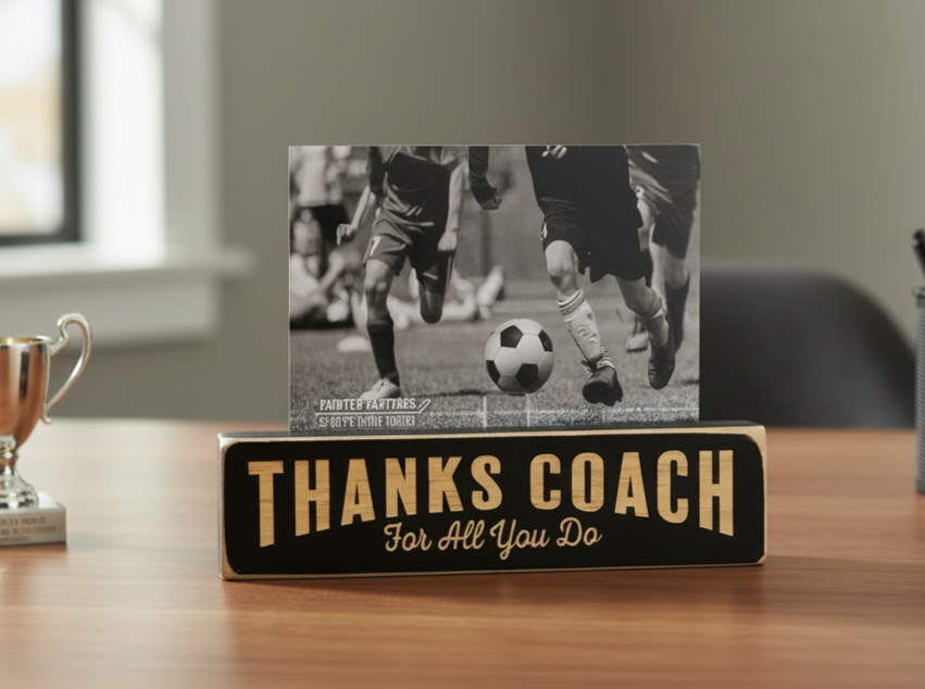 A rectangular black sign on a wooden desk with the words “THANKS COACH For All You Do” in lasered lettering, holding a black-and-white soccer photo card. The scene is set in a real indoor environment with a blurred window, trophy, and chair in the background.