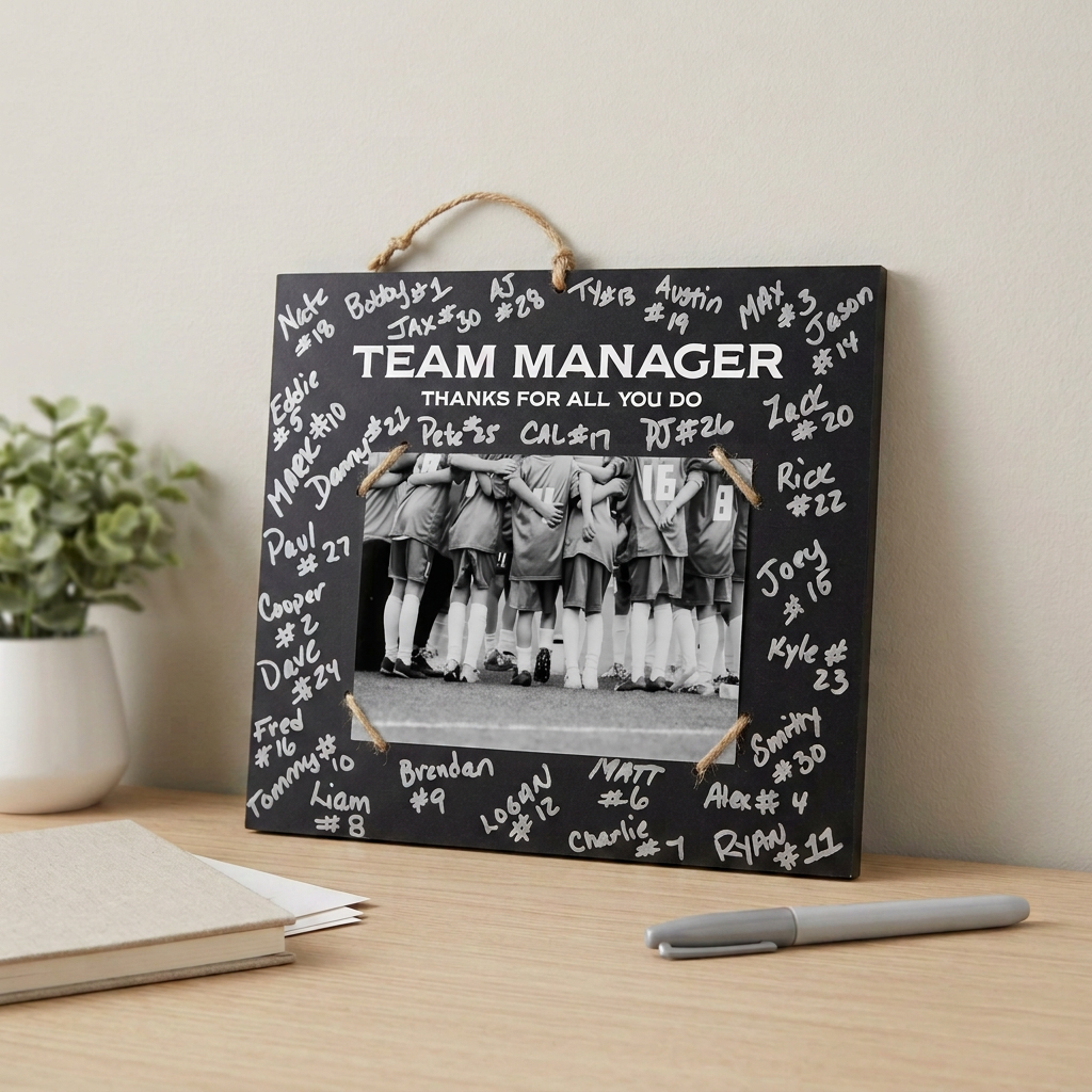 A personalized black chalkboard-style team photo frame with a hanging rope handle sits on a wooden desk. The frame is printed with 'TEAM MANAGER Thanks for all  you do' and handwritten names around the border, with a central black-and-white photo of a sports team huddle.