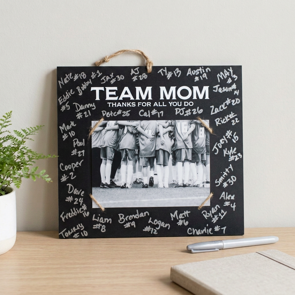 A personalized black chalkboard-style square plaque with a rope hanger, featuring the text 'TEAM MOM Thanks for all you do' and a central black-and-white photo of a sports team. The board is decorated with white handwritten names and numbers around the border, shown on a tabletop with a plant, pen, and notebook nearby.