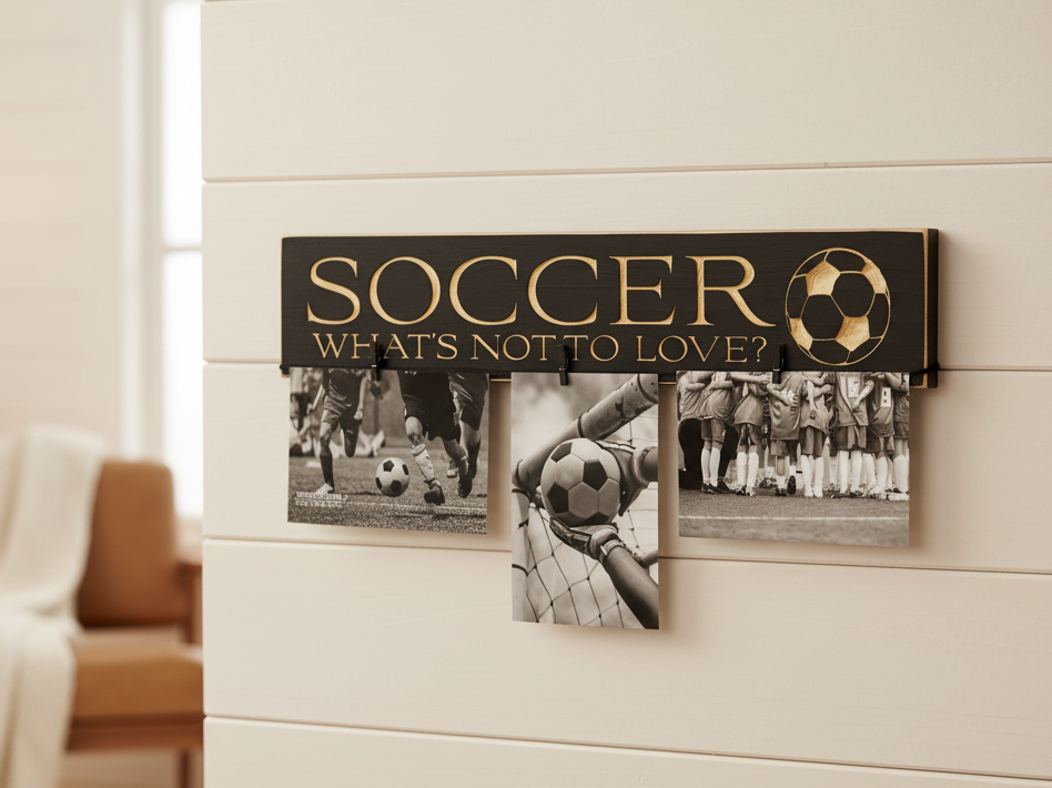 A decorative wall sign with the words “SOCCER” and “WHAT’S NOT TO LOVE?” in engraved lettering on a dark background, with three small black-and-white soccer photos clipped below it, mounted on a cream shiplap wall in a softly lit room.