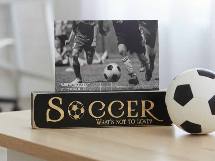 A decorative wooden sign with engraved lettering that reads 'SOCCER What's not to love?' sits on a light wood table next to a soccer ball, with a black-and-white soccer photo card propped behind it.