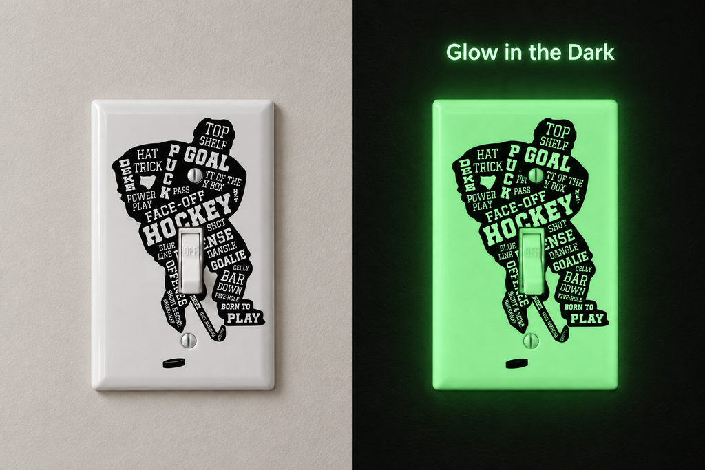 A split comparison of a light switch plate decal featuring a black hockey player silhouette made of hockey-related words, shown on a beige wall in normal light and glowing green in the dark against a black background.