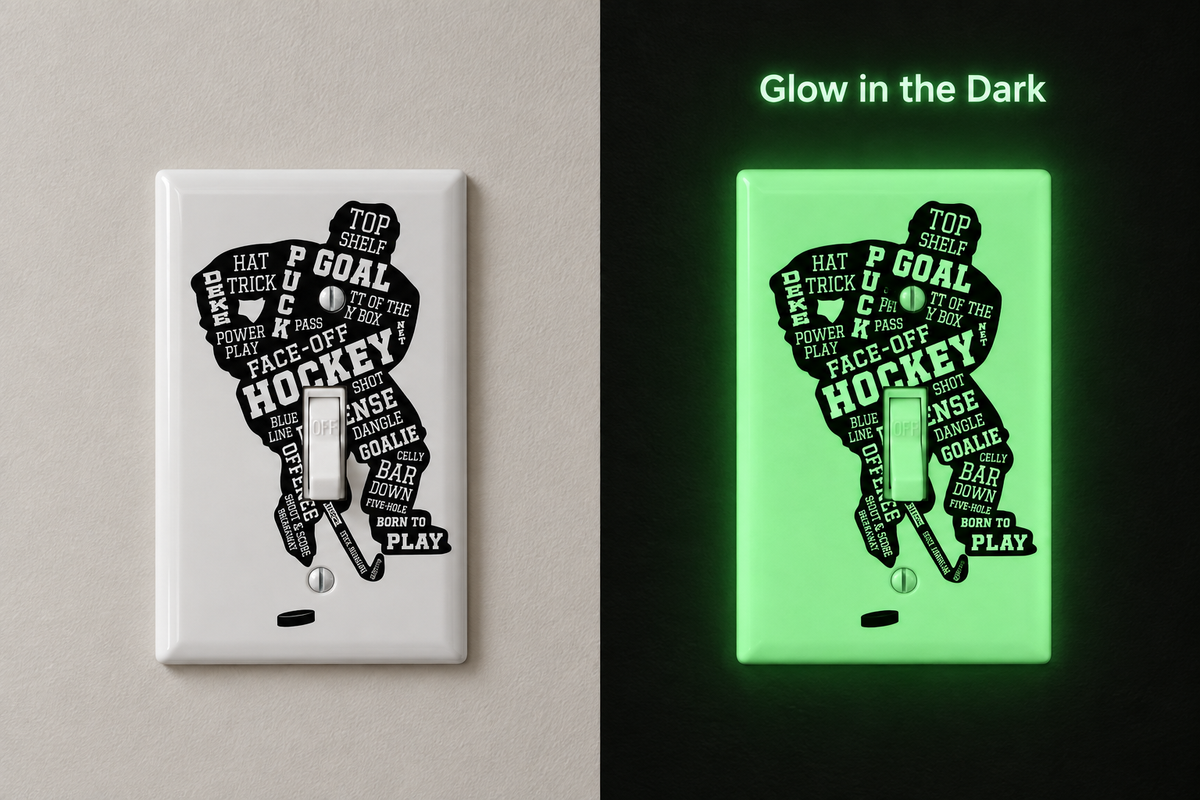 A split comparison of a light switch plate decal featuring a black hockey player silhouette made of hockey-related words, shown on a beige wall in normal light and glowing green in the dark against a black background.