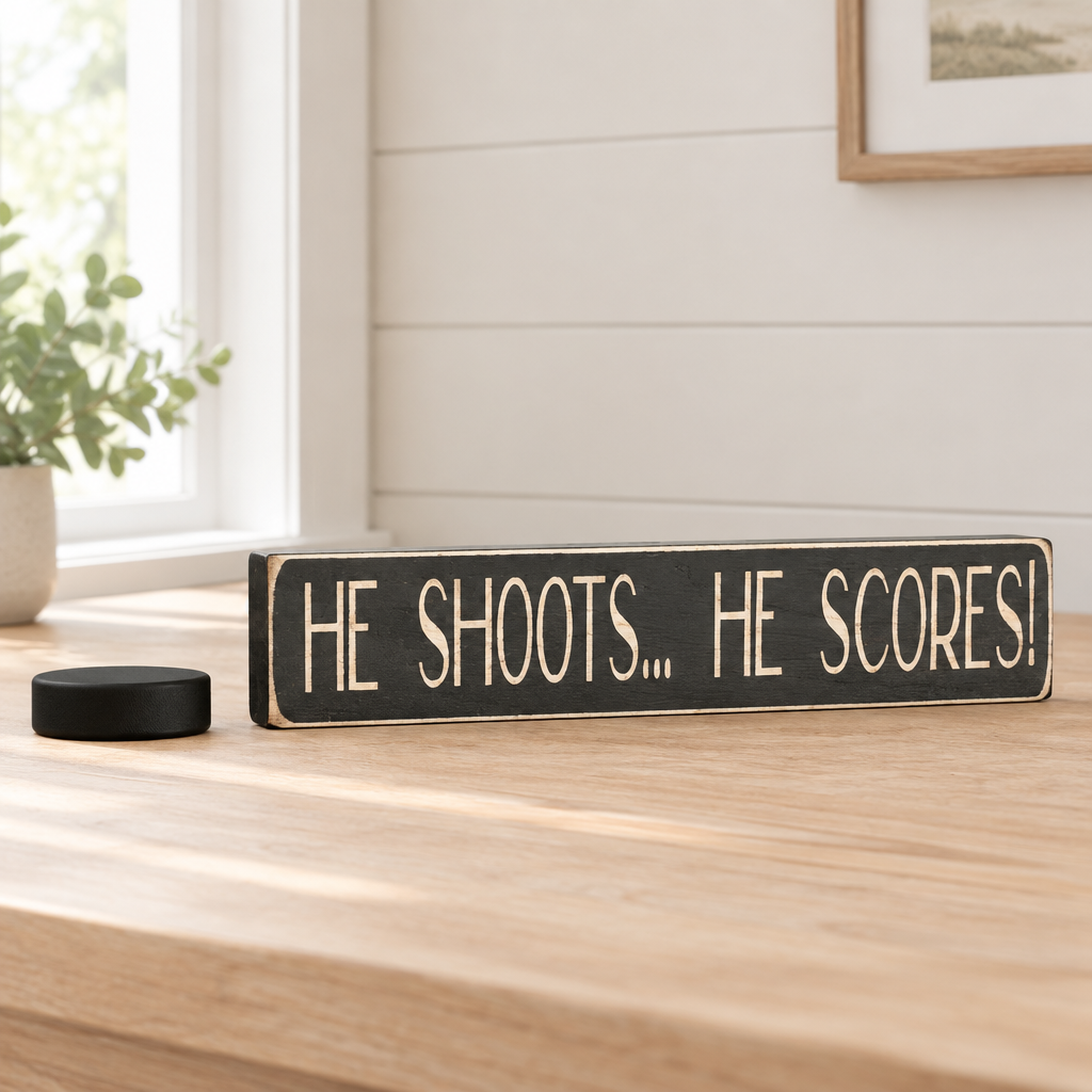 A rustic black rectangular wooden sign with the phrase 'HE SHOOTS... HE SCORES", sitting on a natural wood table along with a hockey puck and plant in a cozy room with sunlight pouring in the window.