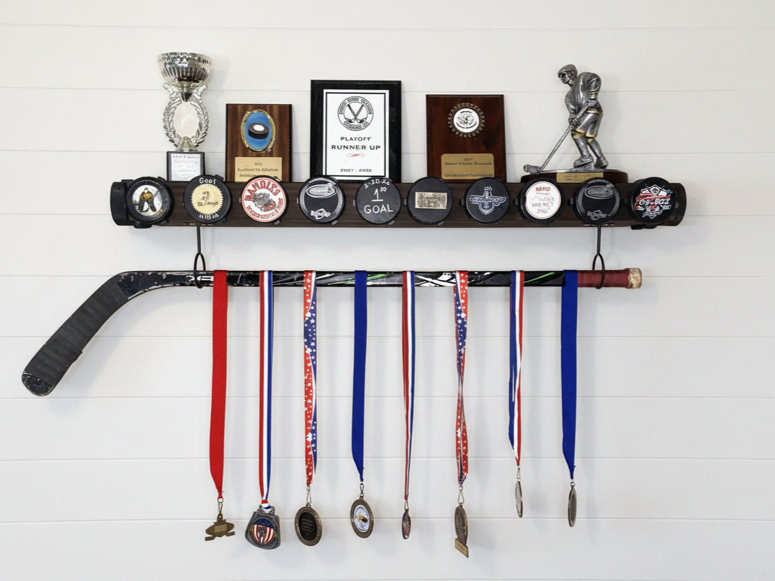 Hockey Puck Display Trophy Shelf: 8" Wide Floating Shelf, Memorabilia, Hockey Player Room Decor